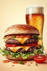 Delicious Gourmet Hamburger with a Cold Beer - Vector Illustration of Perfect Food Pairing.