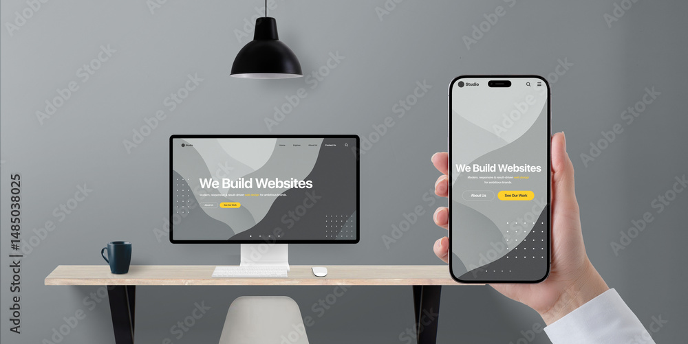 Poster Digital transformation concept with responsive business website shown on phone and desktop display, hand holding device in modern office