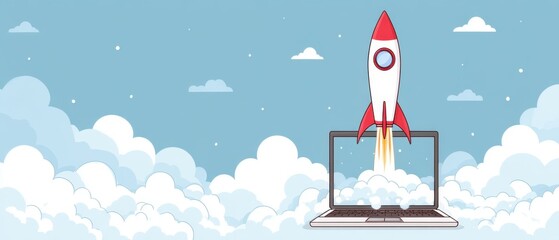 Rocket Launching from Laptop Screen Cartoon Illustration Startup Concept Digital Art Style Business Innovation Sky Background Clouds
