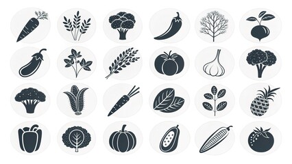Fototapeta premium Black and white icon set of assorted vegetables like carrots, tomatoes, and broccoli. Isolated on white background.