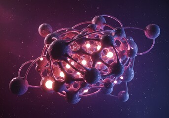 3D Render of Molecular Structure, Futuristic Science and Biology, Atom Design, Glowing Spheres,...