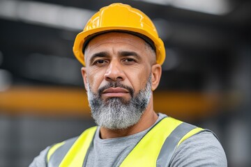Experienced construction worker demonstrating confidence and determination while wearing safety gear including a yellow hard hat and reflective vest in a professional industrial environment