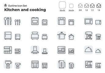 Kitchen and kitchen equipment. Concept editable stroke outline icons set isolated on white background flat vector illustration. Pixel perfect