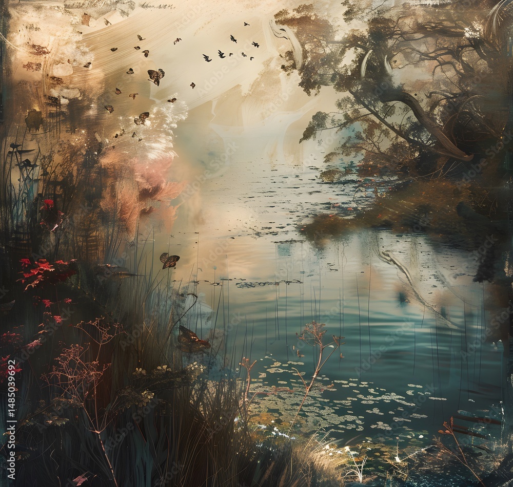 Poster abstract landscape with soft light and bare trees