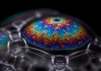 Macro Close-up of Colorful Soap Bubble with Iridescent Rainbow Patterns and Detailed Hexagon...