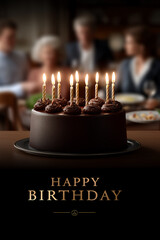 birthday cake with candles on the table, people sitting around it and having dinner in the background