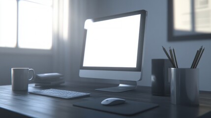 Workspace Interior Featuring Computer Monitor and Various Office Accessories on a Wooden Desk with Natural Light