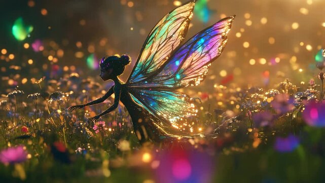 A fairy with a rainbow wing is standing in a field of flowers. The scene is bright and colorful, with the fairy's wings reflecting the sunlight. Scene is whimsical and magical