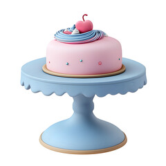 Charming, stylized cake presented on a light blue stand, featuring a pink frosting and colorful swirls.
