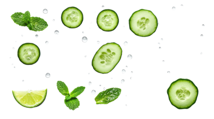 Fresh cucumber slices with mint and lime on transparent background