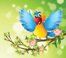 Cheerful Bird on Blooming Branch Illustration
