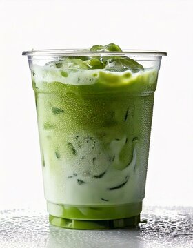 Matcha latte milk drink in plastic cup