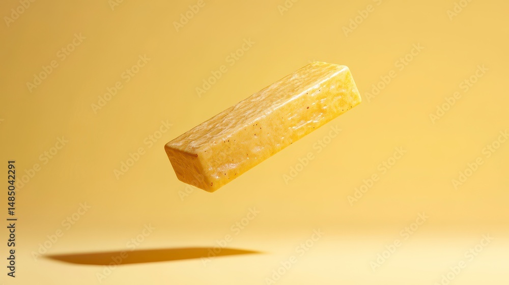 Poster a single, rectangular block of yellow butter floats against a matching yellow background, casting a 