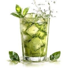 Refreshing Basil Iced Tea: A tall glass of iced tea, filled with ice cubes and garnished with fresh basil leaves, creates a refreshing summer drink. The splash of liquid adds to its visual appeal.