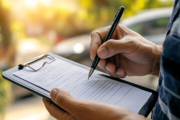 Person holding clipboard and pen writing on paper with car blurred in the background outside on a sunny day