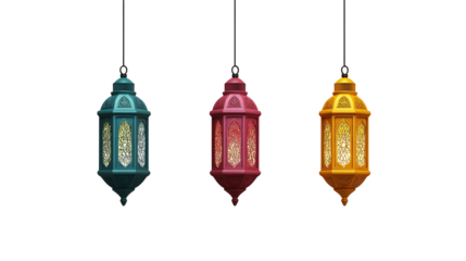 set of traditional hanging ramadan lanterns isolated on transparent white background, clipping path
