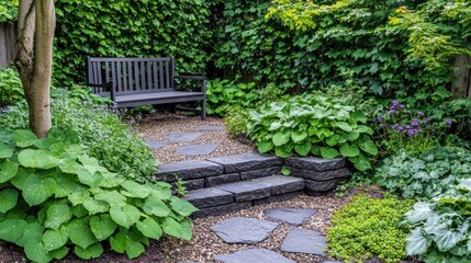 Tranquil garden scene with bench and stone pathway