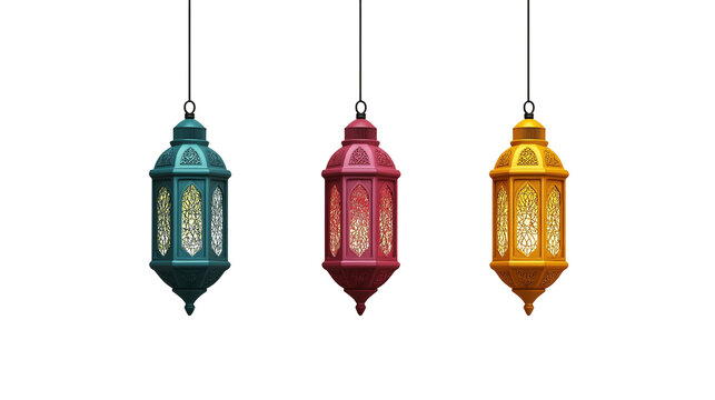 set of traditional hanging ramadan lanterns isolated on transparent white background, clipping path
