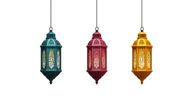set of traditional hanging ramadan lanterns isolated on transparent white background, clipping path