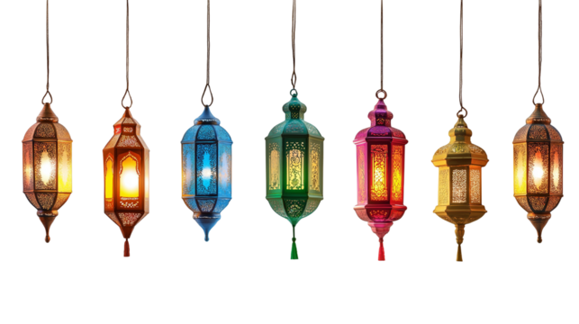 set of traditional hanging ramadan lanterns isolated on transparent white background, clipping path