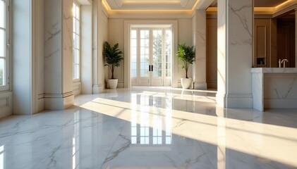 Gleaming marble floor, polished to a high shine, reflecting light , abstract, minimalist, design
