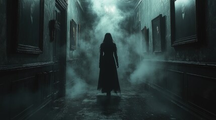 Dark figure walks down a haunted hallway