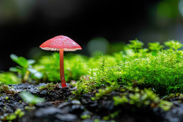 Fototapeta premium Vibrant red mushroom stands tall amidst lush green moss, showcasing beauty of nature in serene environment