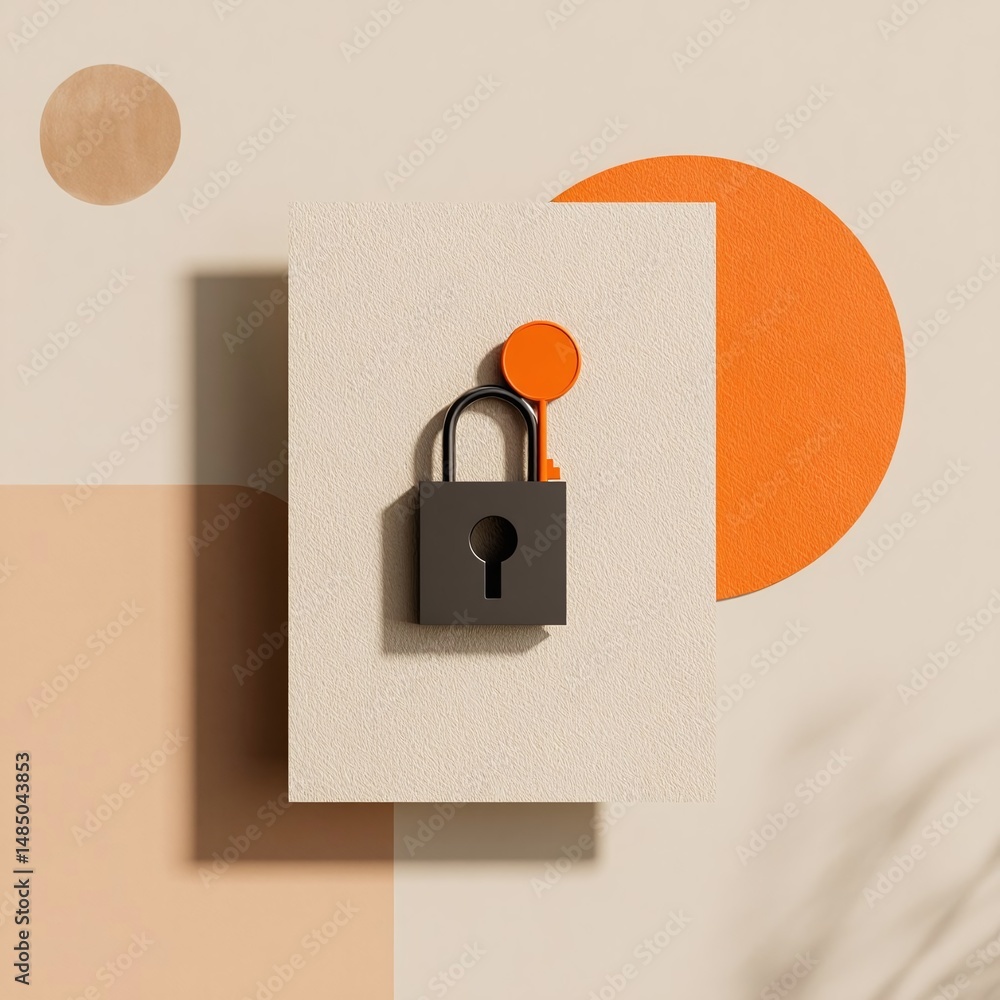 Poster modern abstract composition featuring a lock and key against a minimalist backdrop with shapes