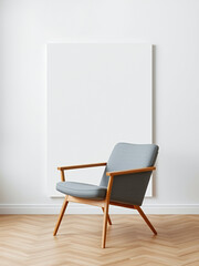 A white chair and table furnish the empty room, offering a comfortable seat in the home interior design