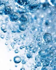 Abstract and mesmerizing close-up of sparkling water bubbles. The blue bubbles create a dynamic and fluid design with an ethereal glow against the light background, AI-generated