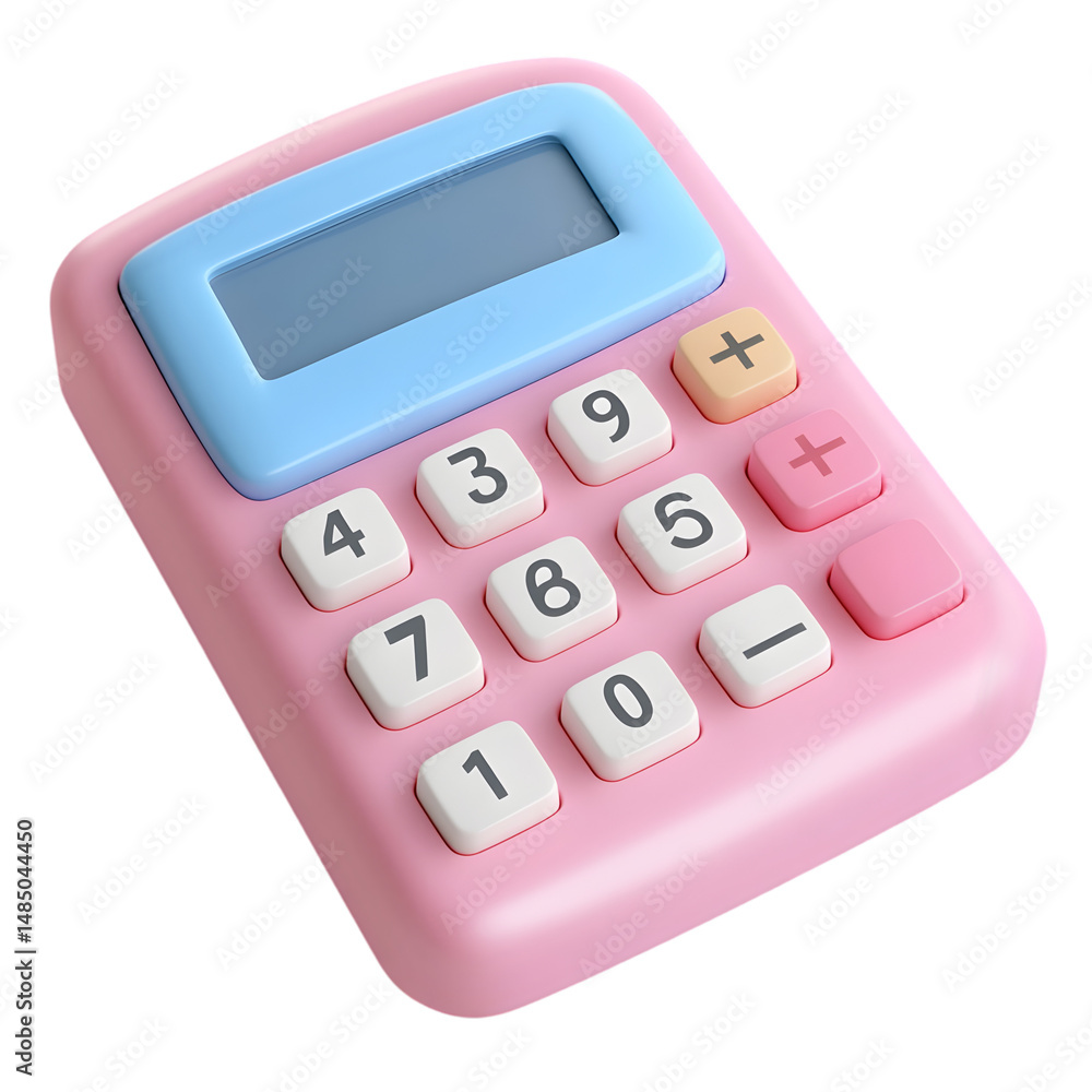 Poster close-up of a bright pink child's calculator with a colorful display and keypad.