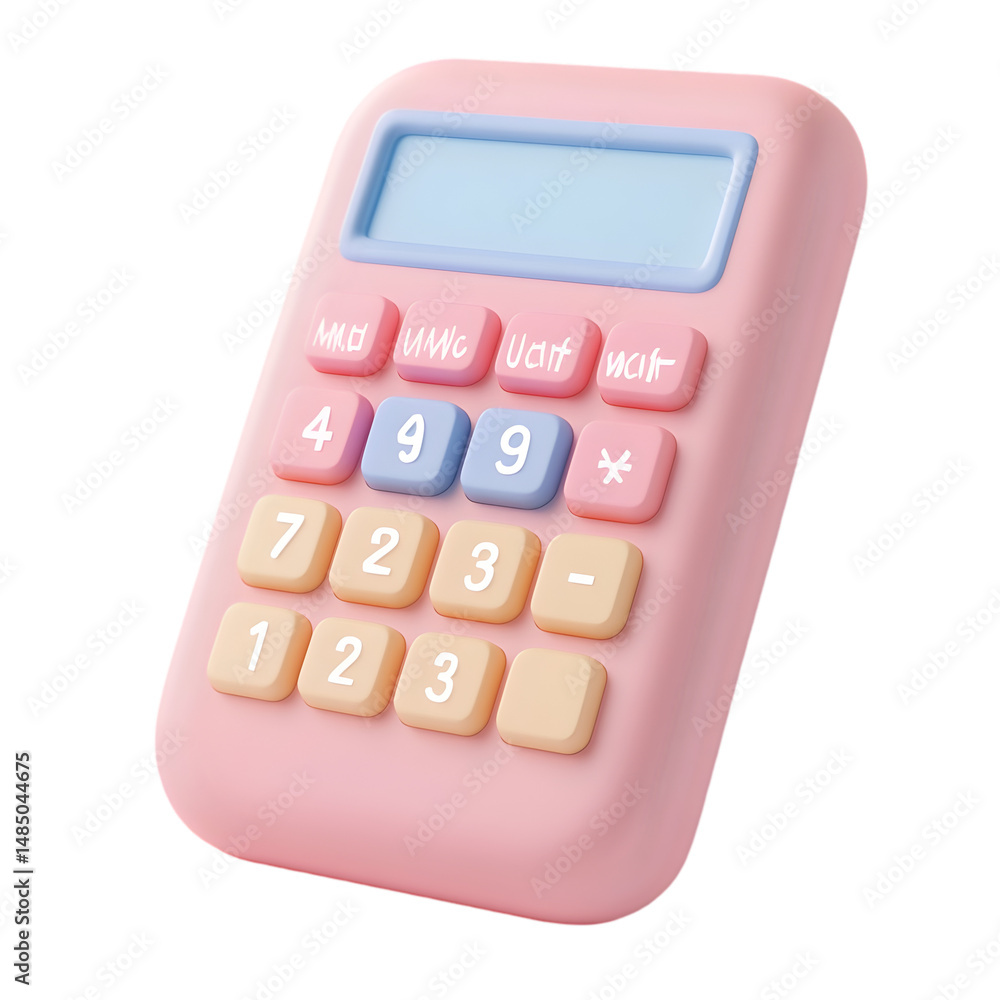Poster digital calculator with a pastel-pink design and visible buttons and numbers. the calculator is pres