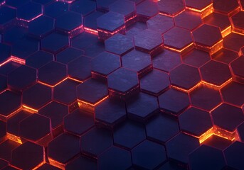 Abstract Hexagonal Pattern with Orange and Blue Glowing Effects, Geometric Design for Backgrounds...