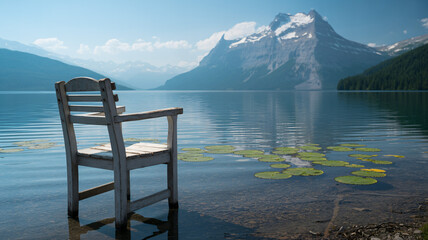 Lake view with a mountain and chair