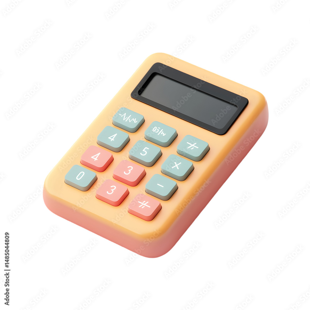 Poster bright orange-toned calculator is presented in a close-up shot. the buttons and display are clearly 