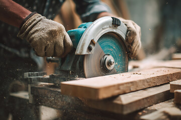 Circular saw slicing through timber in workshop