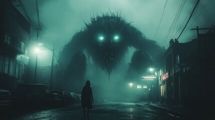 Nightmarish creature looms over a lonely street