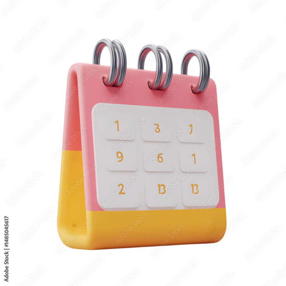 Poster vibrant, 3d rendering of a small calendar with a pink and yellow design, displaying dates.