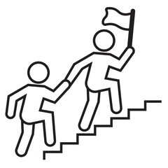 A vector graphic shows two figures ascending a staircase. One figure in the lead holds a flag, while the other figure follows closely, holding onto the leader's hand, representing teamwork, leadership