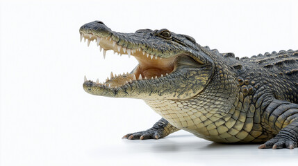 Fototapeta premium Crocodile roaring on white background with copy space, isolated fierce reptile showing teeth for wildlife conservation, educational content, or bold animal design