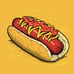Vintage Hot Dog with Mustard and Ketchup on Bright Background
