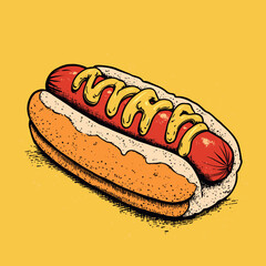 Vintage Hot Dog with Mustard and Ketchup on Bright Background