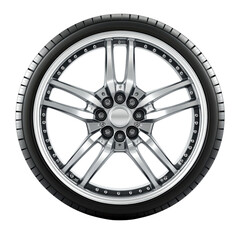 Obraz premium Sleek chrome car rim showcasing dynamic five spoke design for automotive on transparent background
