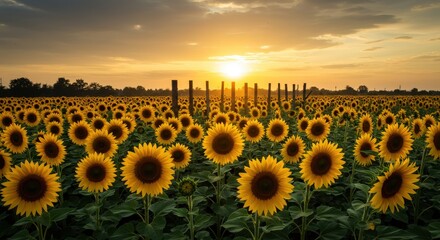 Fototapeta premium Vast Sunflower Field at Golden Sunset with Rustic Wooden Fence – Warm Summer Glow 