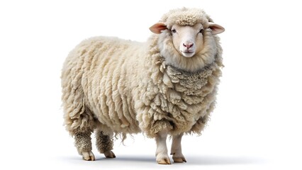 Fluffy White Merino Sheep on White Background, High-Resolution Studio Stock Photo