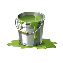 Bucket with green paint, paint running out, isolated on transparent background, cut out Vector graphic design