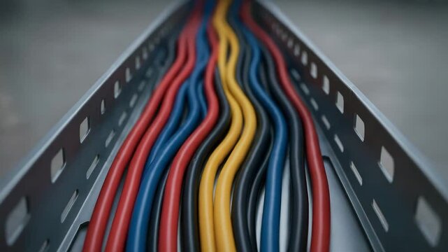 Electrical wire cables in metal tray for industrial power plant ensuring efficient power distribution and energy flow safety
