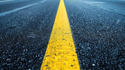 Asphalt road, yellow line, vanishing point, textured surface, travel background, design element