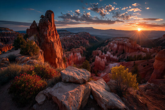 vibrant nature photograph capturing the sunrise over the unique and majestic canyon landscape of bry