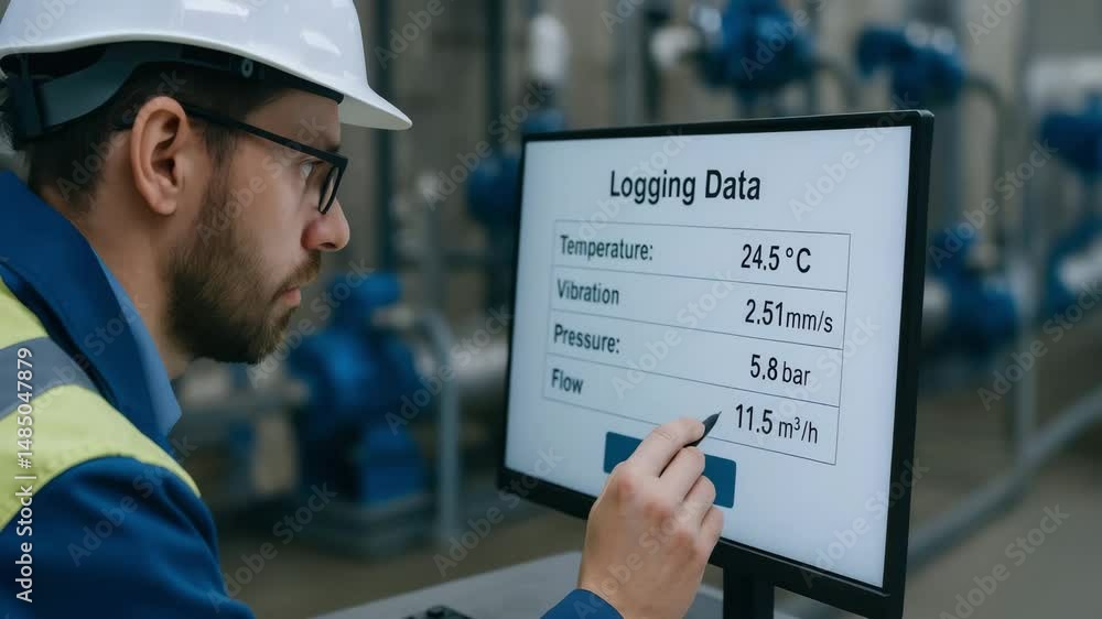 Aufkleber technician wearing helmet monitors logging data computer screen ensuring accurate temperature, press